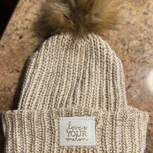 Love Your Melon Beige Knit Beanie with Pom